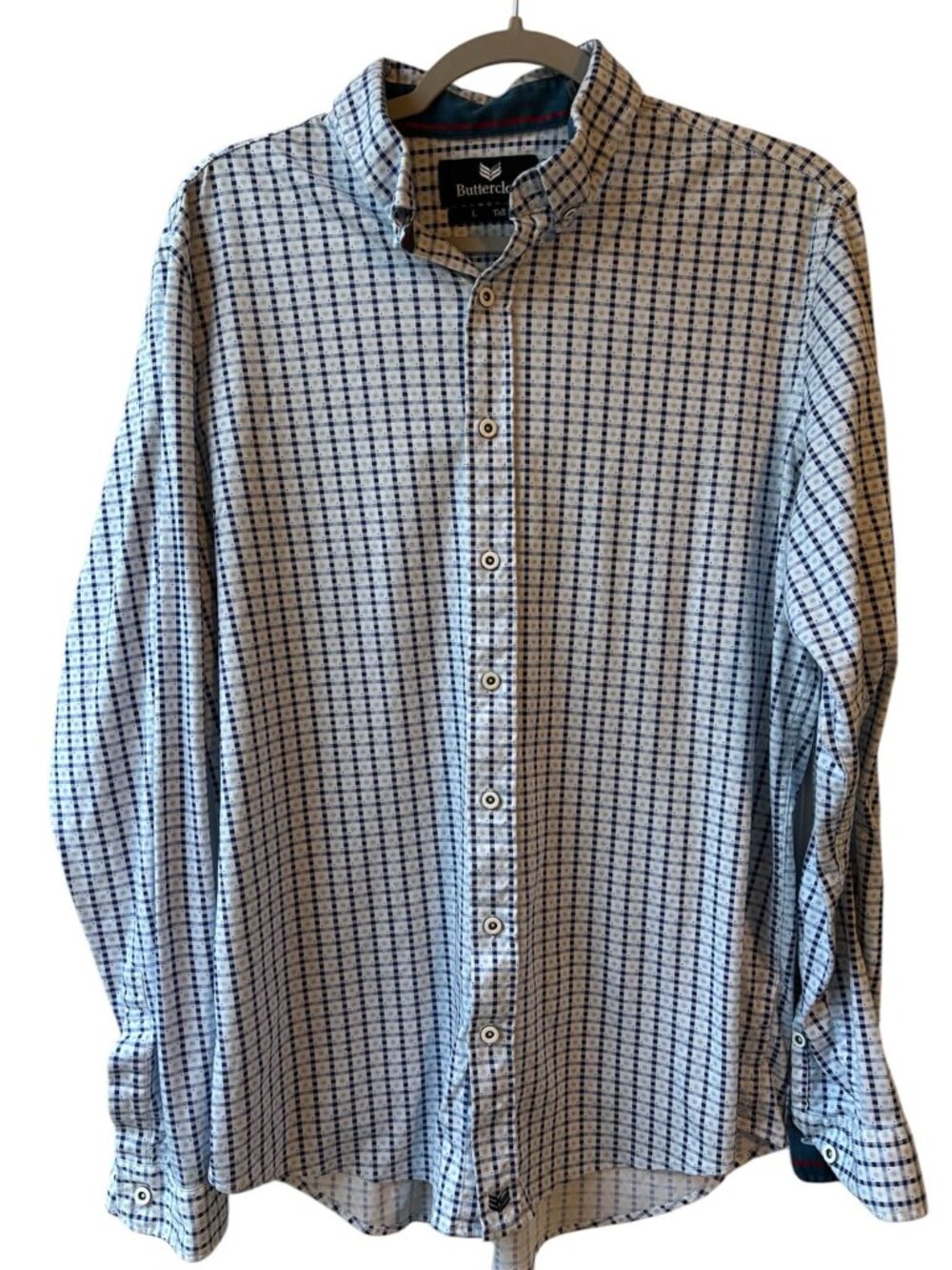 Large Tall Fit Buttercloth Blue White Checked Long Sleeve Button Up Shirt